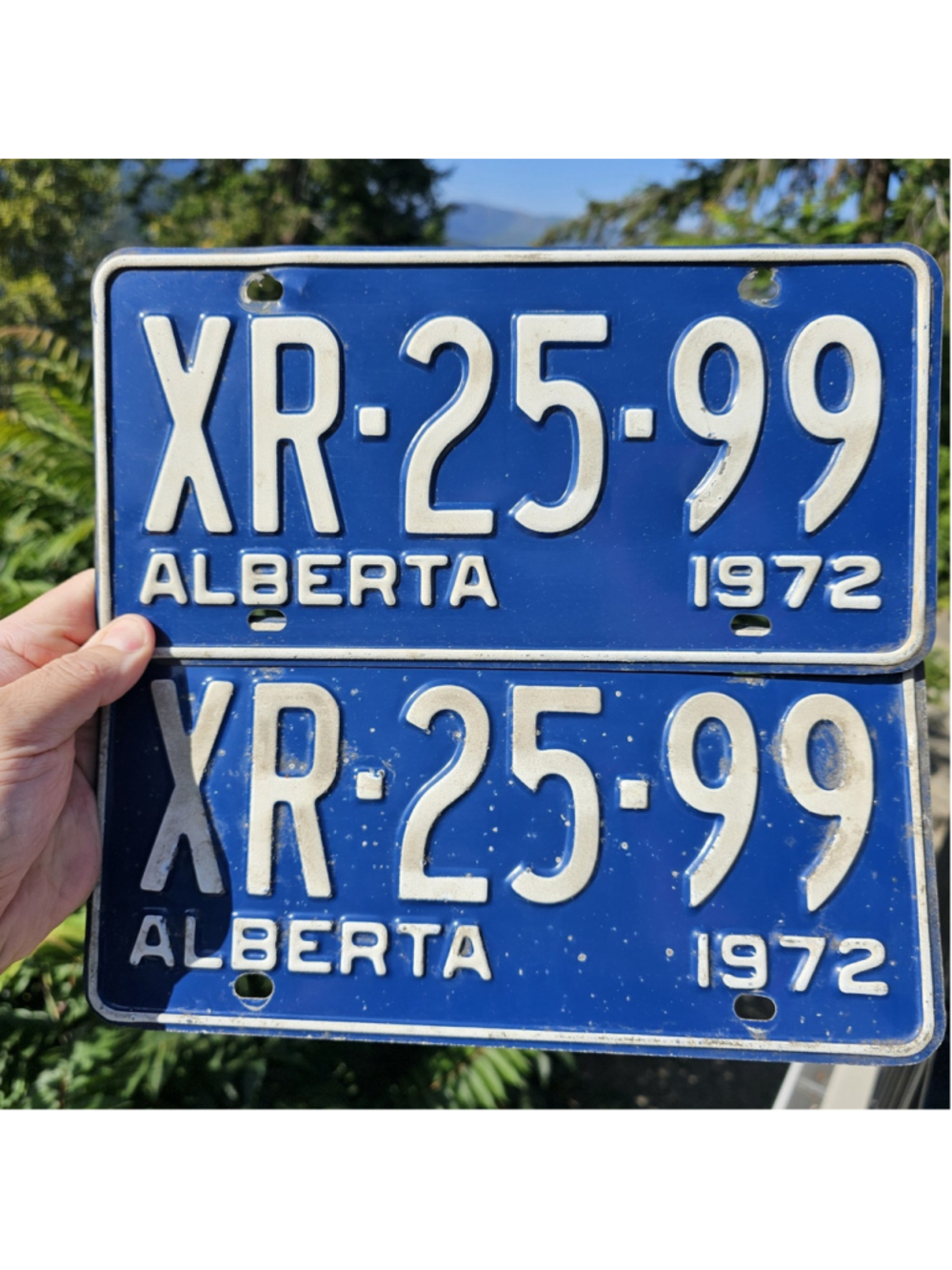 1972 Alberta License Plate Pair XR-25-99 Matching Set Vintage Blue White